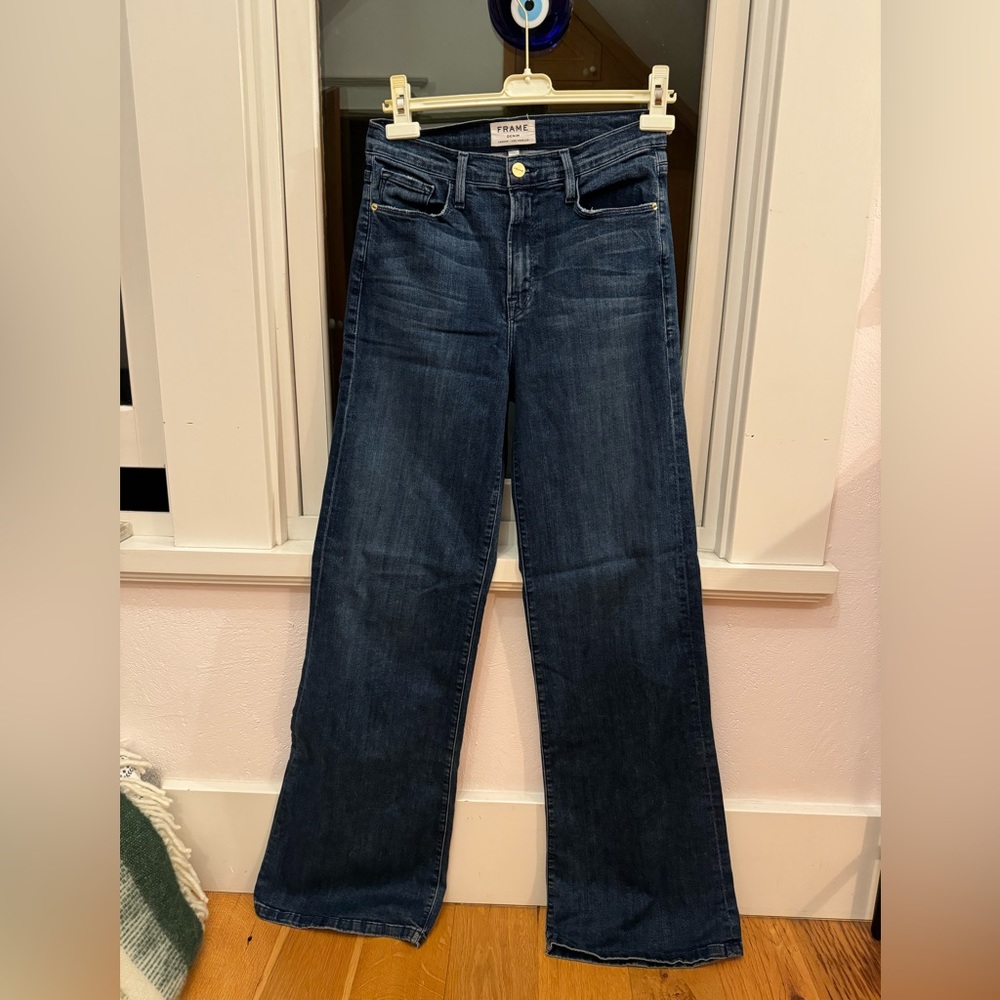 Frame high waisted dark wash flare jeans size 29.